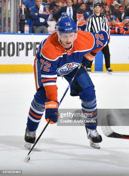 Nick Bjugstad of the Edmonton Oilers awaits a face-off during the game against the Dallas Stars on March 16, 2023 at Rogers Place in Edmonton,...