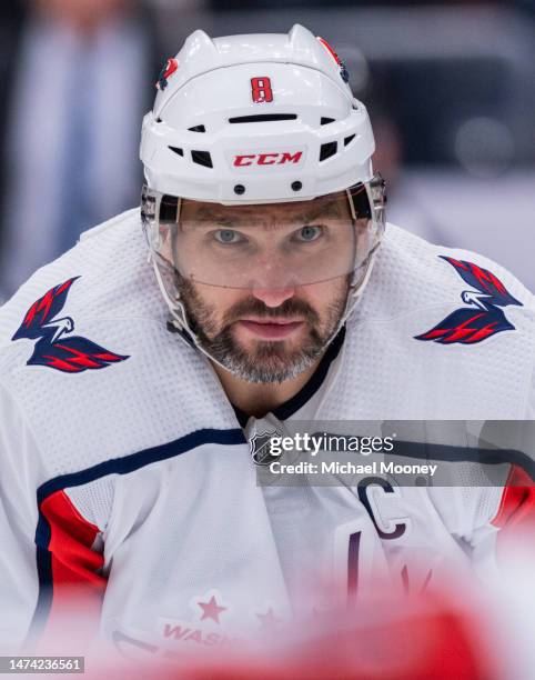 Alex Ovechkin of the Washington Capitals gets ready for a second period faceoff during a game against the New York Islanders at UBS Arena on March...