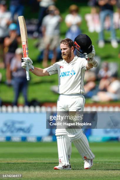 Kane Williamson of New Zealand celebrates his century during day two of the Second Test Match between New Zealand and Sri Lanka at Basin Reserve on...