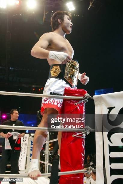 Takanori Gomi reacts after his victory over Hayato Sakurai in the Pride Grand Prix finals inside Saitama Super Arena on December 31, 2005 in Saitama,...