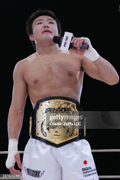 Takanori Gomi reacts after his victory over Hayato Sakurai in the Pride Grand Prix finals inside Saitama Super Arena on December 31, 2005 in Saitama,...
