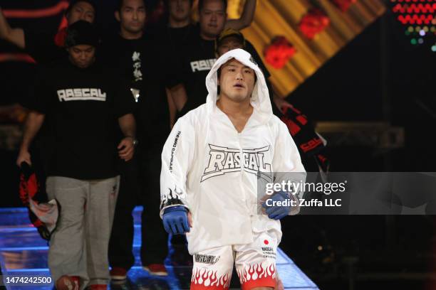 Takanori Gomi prepares to face Hayato Sakurai in the Pride Grand Prix finals inside Saitama Super Arena on December 31, 2005 in Saitama, Japan.