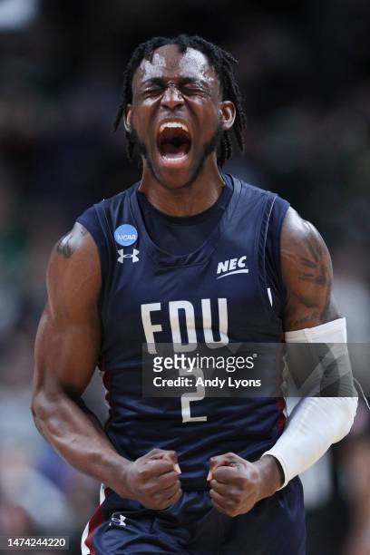 Demetre Roberts of the Fairleigh Dickinson Knights reacts during the second half of a game against the Purdue Boilermakers in the first round of the...