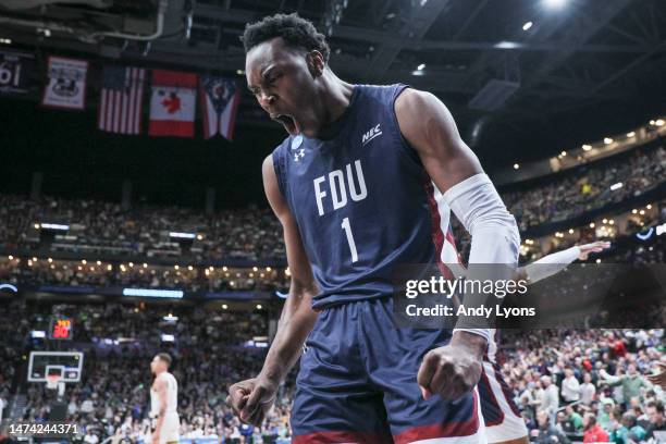 Joe Munden Jr. #1 of the Fairleigh Dickinson Knights reacts during the second half of a game against the Purdue Boilermakers in the first round of...