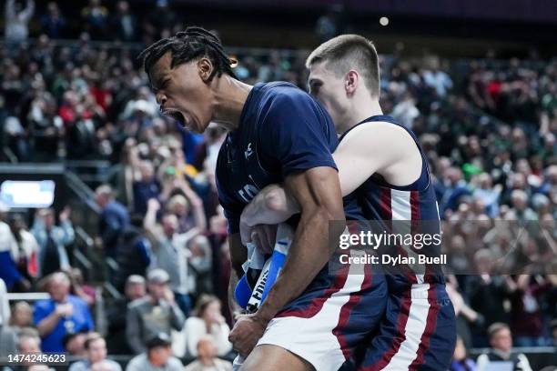 Sean Moore and Brayden Reynolds of the Fairleigh Dickinson Knights react during the second half of a game against the Purdue Boilermakers in the...