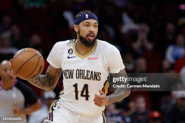 Brandon Ingram of the New Orleans Pelicans controls the ball against the Houston Rockets during the first half at Toyota Center on March 17, 2023 in...