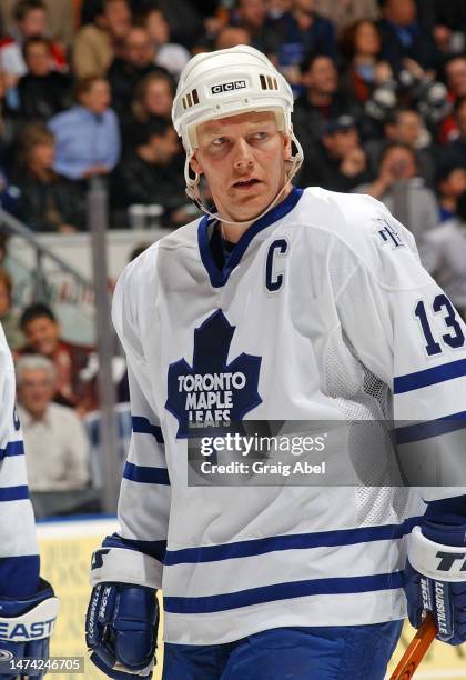 Mats Sundin of the Toronto Maple Leafs skates against the Montreal Canadiens during NHL game action on February 8, 2003 at Air Canada Centre in...