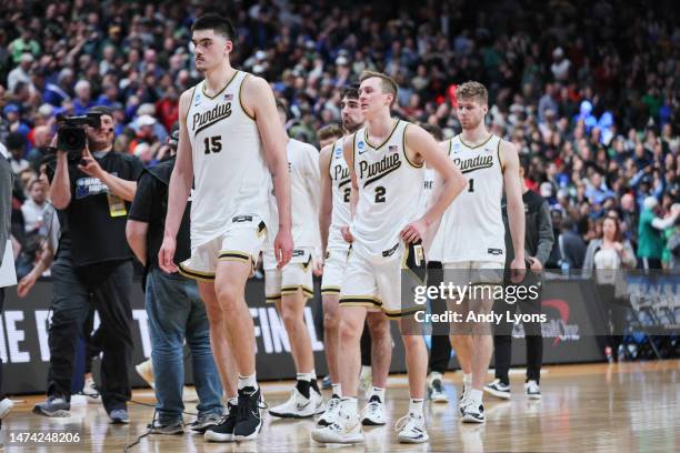 The Purdue Boilermakers exit the court after losing to the Fairleigh Dickinson Knights 63-58 in the first round of the NCAA Men's Basketball...