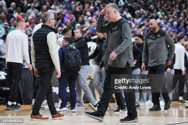 Head coach Matt Painter of the Purdue Boilermakers leaves the court after losing to the Fairleigh Dickinson Knights 63-58 in the first round of the...