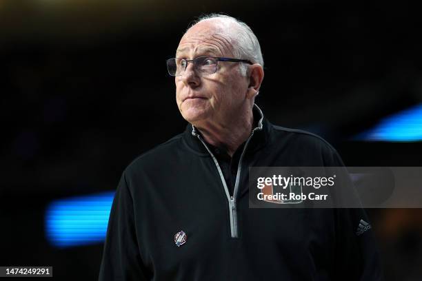 Head coach Jim Larranaga of the Miami Hurricanes looks on in the first half against the Drake Bulldogs during the first round of the NCAA Men's...