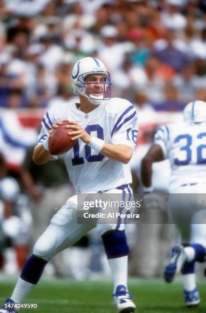 Quarterback Peyton Manning of the Indianapolis Colts passes the ball in the game between the Indianapolis Colts vs the New York Jets on September 9,...