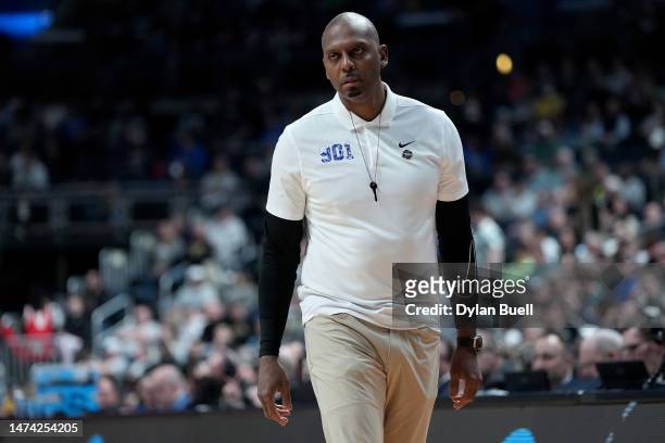 Head coach Penny Hardaway of the Memphis Tigers. Looks on during the first half of a game against the Florida Atlantic Owls in the first round of the...