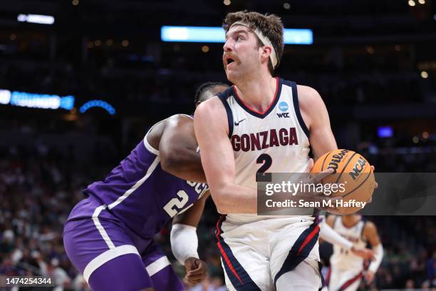 Drew Timme of the Gonzaga Bulldogs looks to shoot the ball against Yvan Ouedraogo of the Grand Canyon Antelopes during the second half in the first...