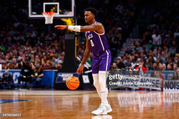 Rayshon Harrison of the Grand Canyon Antelopes dribbles against the Gonzaga Bulldogs during the second half in the first round of the NCAA Men's...