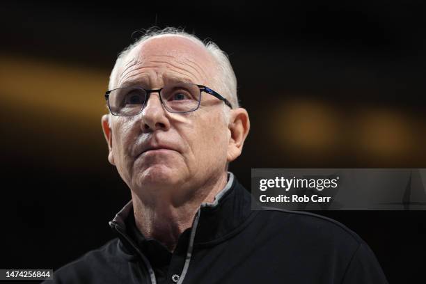 Head coach Jim Larranaga of the Miami Hurricanes looks on after defeating the Drake Bulldogs during the first round of the NCAA Men's Basketball...