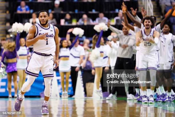 Markquis Nowell of the Kansas State Wildcats reacts after making a 3-point shot during the first half against the Montana State Bobcats in the first...