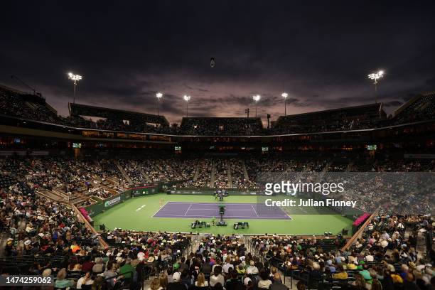 General view of Elena Rybakina in action against Iga Swiatek of Poland in the semi final during the BNP Paribas Open on March 17, 2023 in Indian...