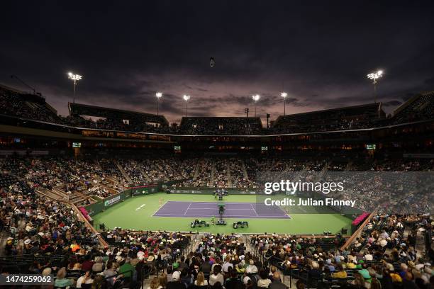 General view of Elena Rybakina in action against Iga Swiatek of Poland in the semi final during the BNP Paribas Open on March 17, 2023 in Indian...