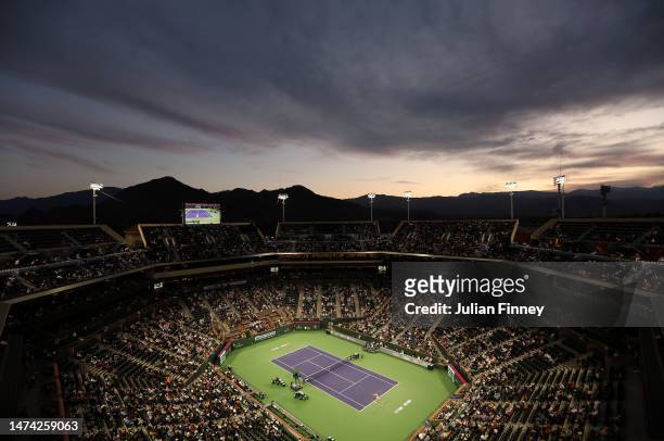 General view of Elena Rybakina in action against Iga Swiatek of Poland in the semi final during the BNP Paribas Open on March 17, 2023 in Indian...