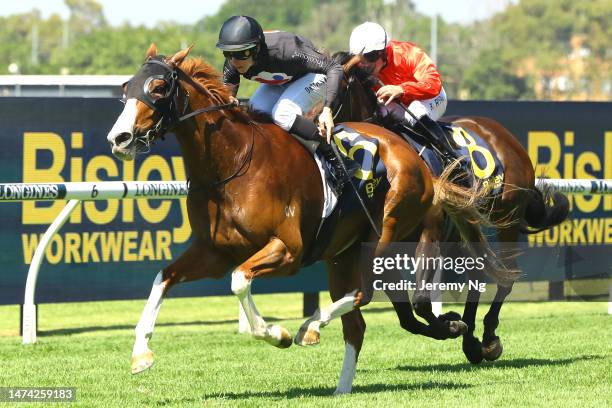 Damian Lane riding Gin Martini wins Race 3 Bisley Workwear Epona Stakes during the Longines Golden Slipper Day - Sydney Racing at Rosehill Gardens on...