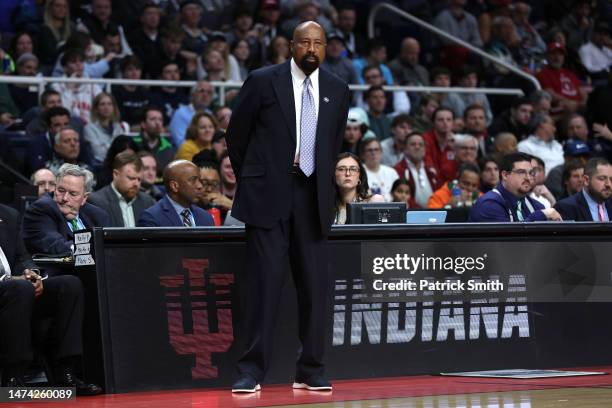 Head coach Mike Woodson of the Indiana Hoosiers looks on in the first half against the Kent State Golden Flashes during the first round of the NCAA...