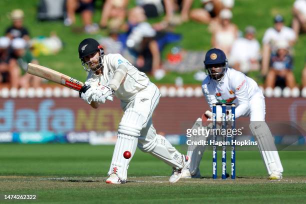 Kane Williamson of New Zealand bats during day two of the Second Test Match between New Zealand and Sri Lanka at Basin Reserve on March 18, 2023 in...
