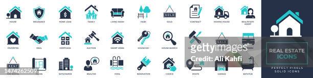 real estate icons set. containing house home loan, house moving, real estate agent, pool, skyscraper and more solid icons collection. vector illustration. for website, marketing materials, design, logo, app, template, ui, interfaces, layouts etc. - commercial real estate 幅插畫檔、美工圖案、卡通及圖標