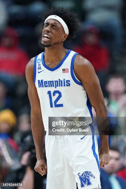 DeAndre Williams of the Memphis Tigers reacts during the second half of a game against the Florida Atlantic Owls in the first round of the NCAA Men's...