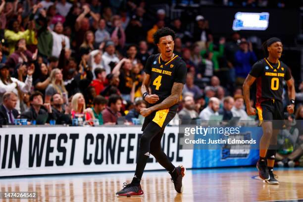 Desmond Cambridge Jr. #4 and DJ Horne of the Arizona State Sun Devils react against the TCU Horned Frogs during the second half in the first round of...
