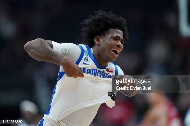 Alex Lomax of the Memphis Tigers reacts after being injured during the second half of a game against the Florida Atlantic Owls in the first round of...