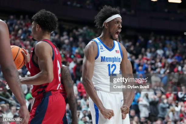 DeAndre Williams of the Memphis Tigers reacts during the second half of a game against the Florida Atlantic Owls in the first round of the NCAA Men's...