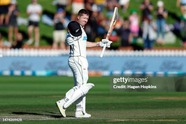 Henry Nicholls of New Zealand celebrates his double century during day two of the Second Test Match between New Zealand and Sri Lanka at Basin...