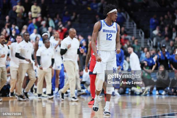 DeAndre Williams of the Memphis Tigers reacts during the second half of a game against the Florida Atlantic Owls in the first round of the NCAA Men's...
