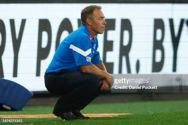 Kangaroos head coach Alastair Clarkson looks on during the round one AFL match between North Melbourne Kangaroos and West Coast Eagles at Marvel...