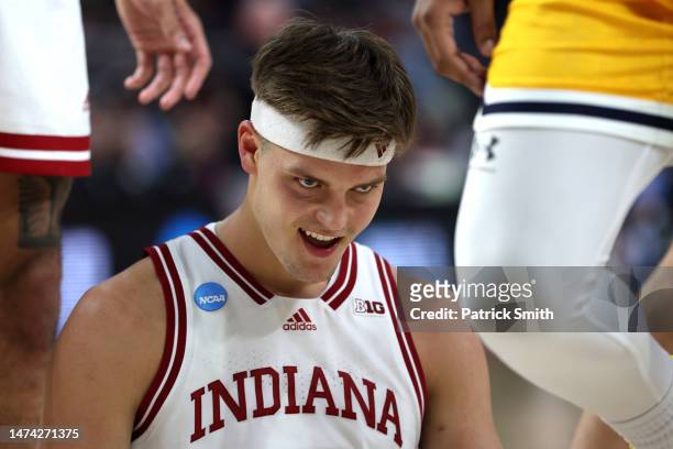 Miller Kopp of the Indiana Hoosiers reacts after a play in the second half against the Kent State Golden Flashes during the first round of the NCAA...