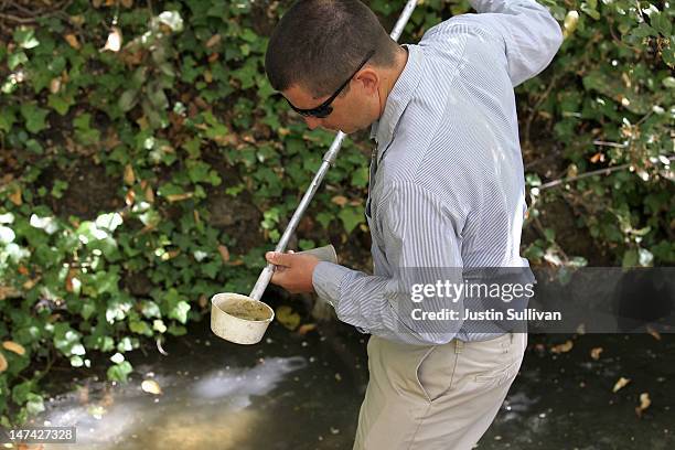 Contra Costa County Mosquito and Vector Control District technician David Wexler looks for mosquito larvae in a water sample from a creek on June 29,...