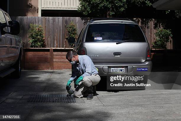 Contra Costa County Mosquito and Vector Control District technician David Wexler sprays BVA Larvacide Oil on standing water in a catch basin on June...