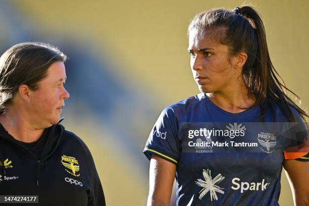 Natalie Lawrence, coach of the Wellington Phoenix and Chloe Knott, captain of the Wellington Phoenix during the round 18 A-League Women's match...