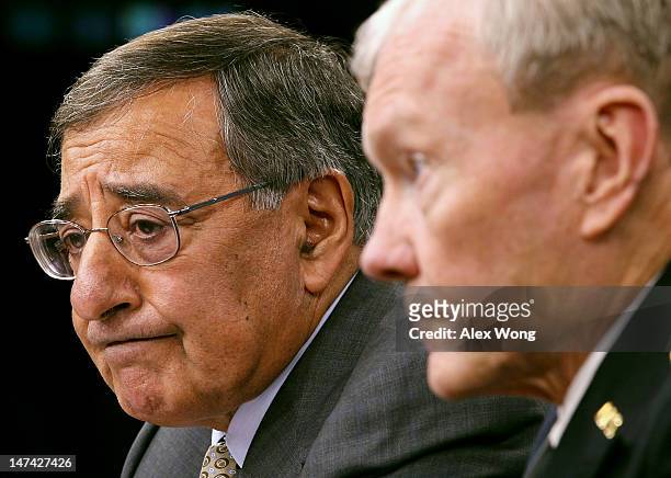 Secretary of Defense Leon Panetta and Chairman of the Joint Chiefs of Staff Gen. Martin Dempsey participate in a news briefing June 29, 2012 at the...