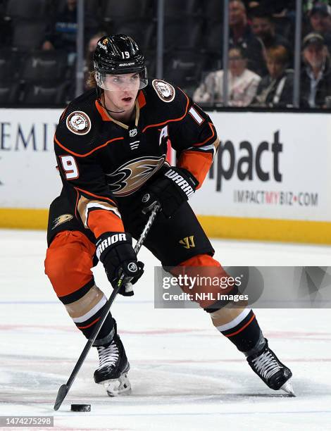 Troy Terry of the Anaheim Ducks skates with the puck during the game against the Columbus Blue Jackets at Honda Center on March 17, 2023 in Anaheim,...