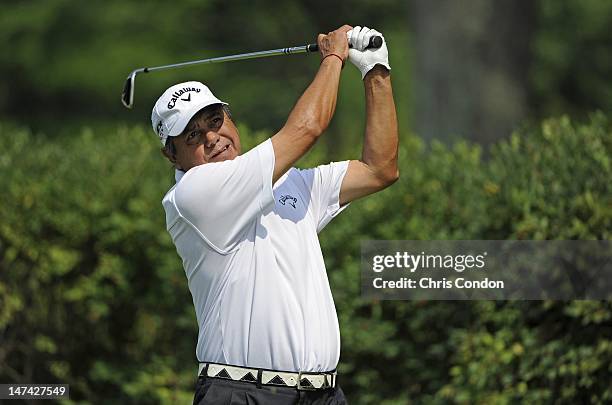 Eduardo Romero of Argentina tees off on the 6th hole during the second round of the Constellation Senior Players Championship at Fox Chapel Golf Club...