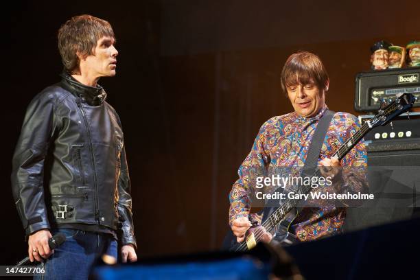 Ian Brown and Mani of The Stone Roses perform on stage at Heaton Park on June 29, 2012 in Manchester, United Kingdom.