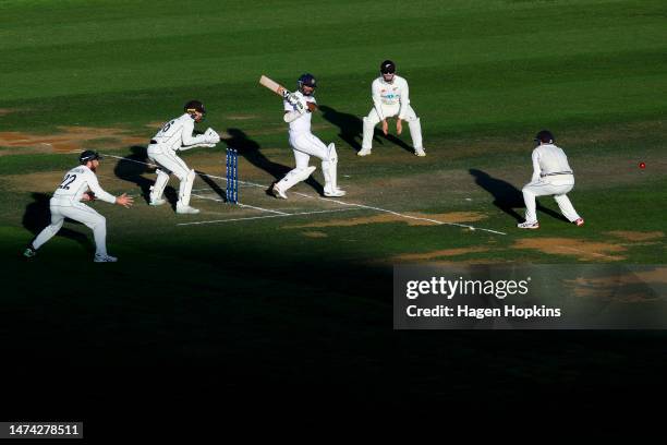 Dimuth Karunaratne of Sri Lanka baduring day two of the Second Test Match between New Zealand and Sri Lanka at Basin Reserve on March 18, 2023 in...