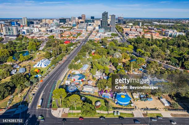 aerial view city of adelaide eastside and cbd in morning with fringe festival venues in the public parklands in kaurna country - adelaide cbd stock pictures, royalty-free photos & images