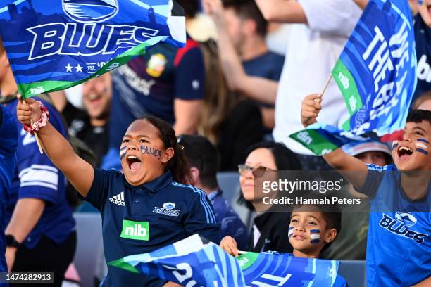 Blues fans show their support during the round four Super Rugby Pacific match between Blues and Crusaders at Eden Park, on March 18 in Auckland, New...