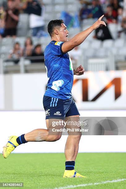 Roger Tuivasa-Sheck of the Blues celebrates his try during the round four Super Rugby Pacific match between Blues and Crusaders at Eden Park, on...