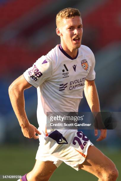 Trent Ostler of the Glory celebrates a goal during the round 21 A-League Men's match between Newcastle Jets and Perth Glory at McDonald Jones...