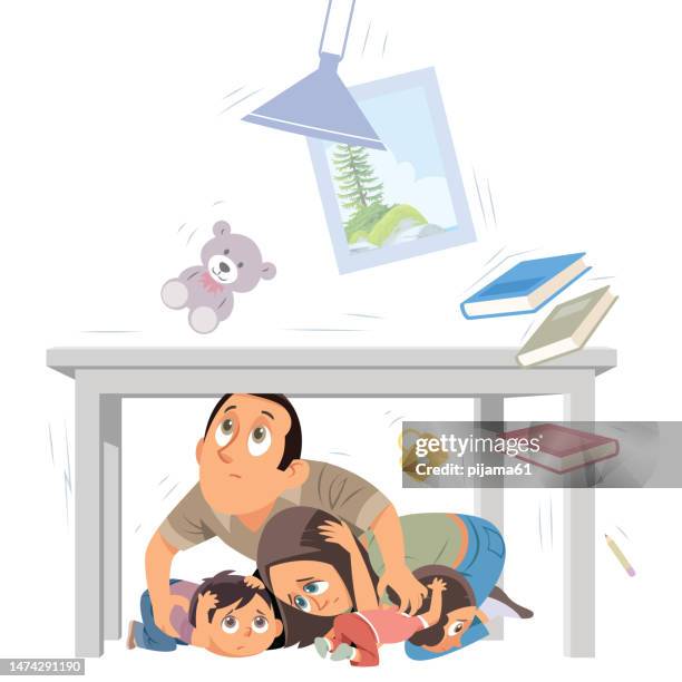 family taking shelter under the desk - evacuation stock illustrations