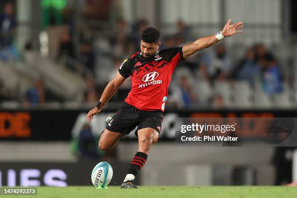 Richie Mo'unga of the Crusaders kicks a penalty during the round four Super Rugby Pacific match between Blues and Crusaders at Eden Park, on March 18...