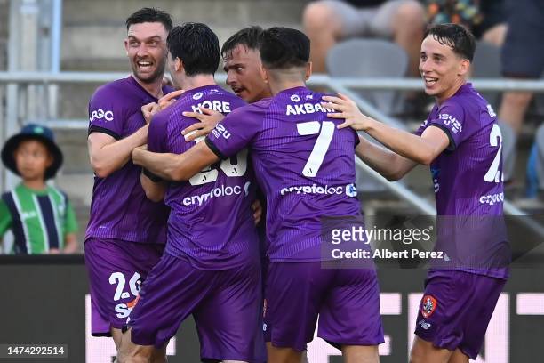 Jay O'Shea of Brisbane celebrates scoring a goal during the round 21 A-League Men's match between Brisbane Roar and Western United at Kayo Stadium,...